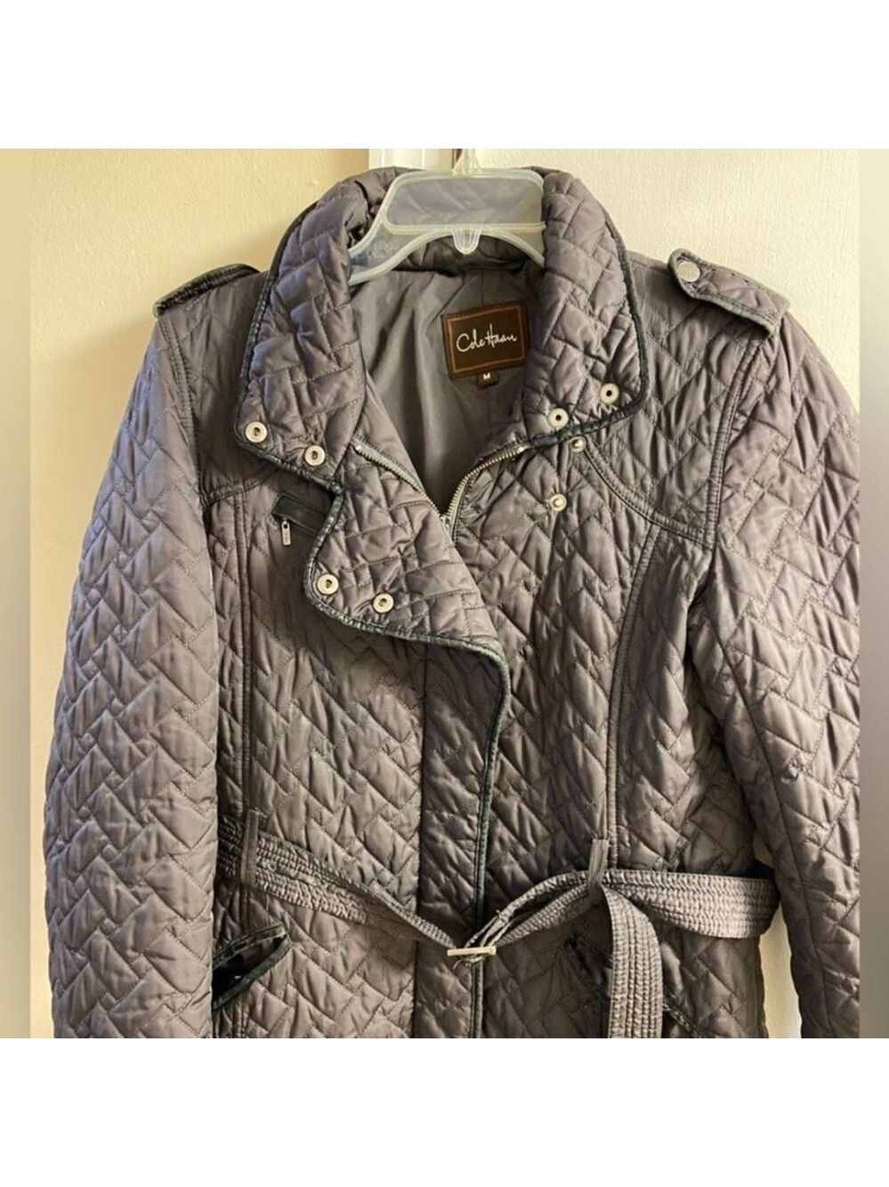 Cole Haan dark grey Quilted Trench Coat Medium - Picture 3 of 12